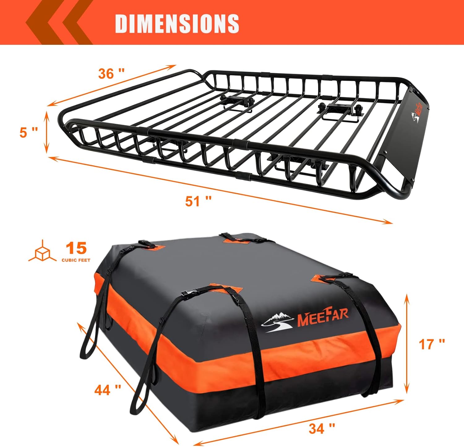 MeeFar High Rail Trailer Folding Hitch Mount Cargo Carrier Basket 60" X 24" X 14"+Waterproof Cargo Bag 20 cu ft(59" 24" 24"), Capacity of 500 Lbs with Hitch Stabilizer, Net, Lock and Straps