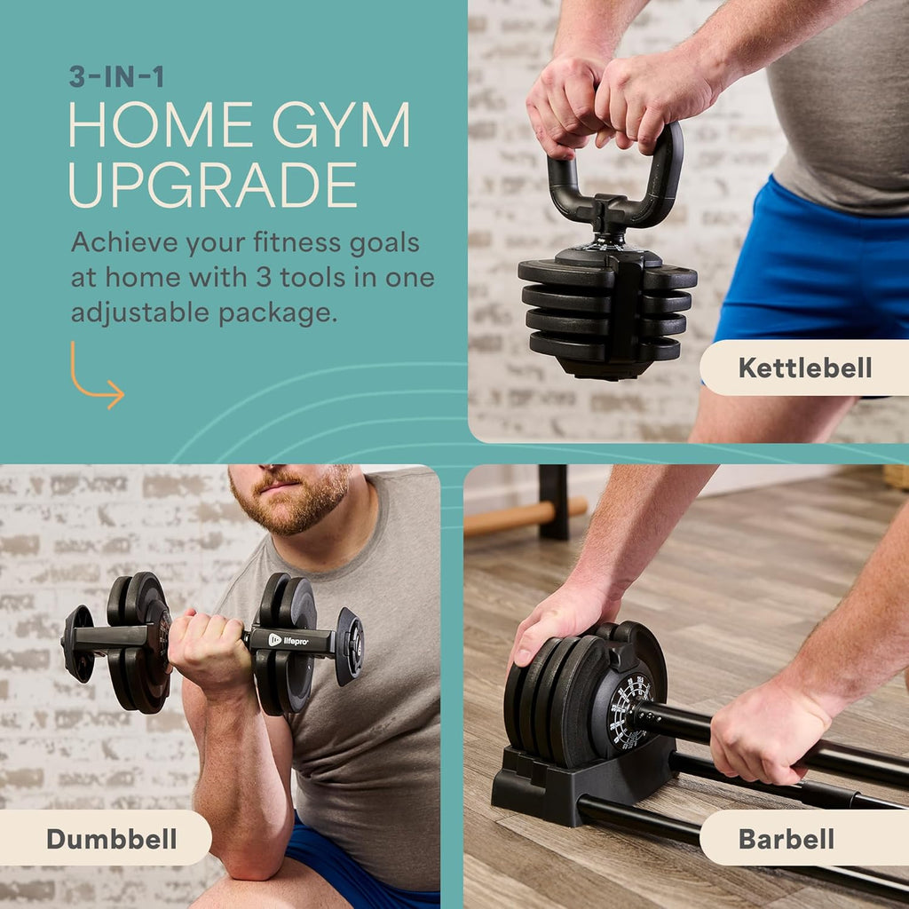 Lifepro Adjustable Dumbbells Set/Single - 15lb 43lb 55lb 25 lb Dumbbell Sets with Rack - Quick Adjust, Secure Grip weights dumbbells set - Compact Hand Weights for Women/Men at Home Gym