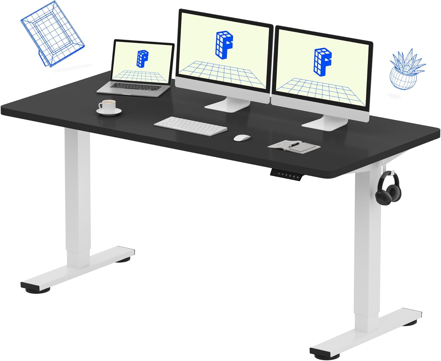 FLEXISPOT EN1 One-Piece Standing Desk 55 x 28 Inch Electric Adjustable Height Desk for Home Office and Computer Workstation (White Frame + 55" Maple Top, 2 Packages)