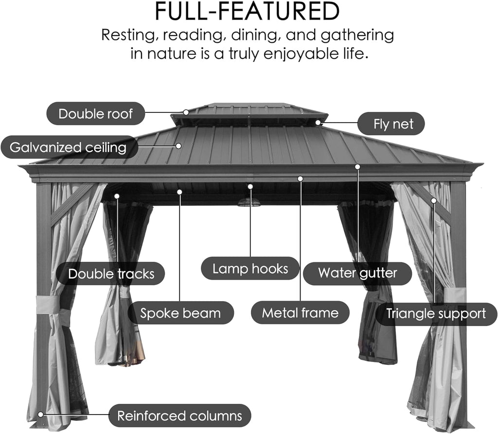Kozyard Alexander 10' X 12' Hardtop, Aluminum Metal Gazebo with Galvanized Steel Double Roof Canopy, Curtain and Netting, Permanent Pavilion for Patio, Backyard, Deck, Lawn (Gray)