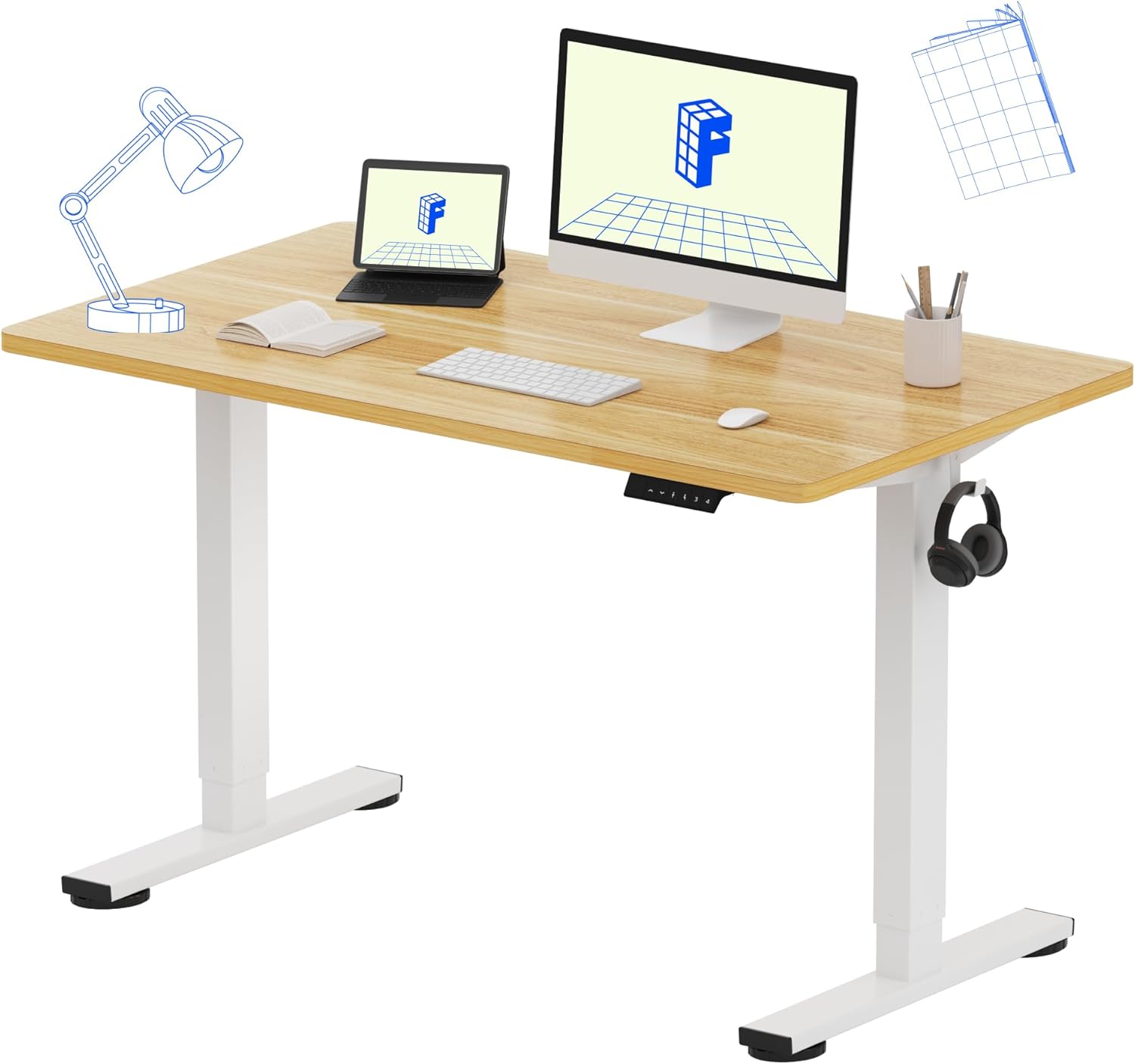 FLEXISPOT EN1 One-Piece Standing Desk 55 x 28 Inch Electric Adjustable Height Desk for Home Office and Computer Workstation (White Frame + 55" Maple Top, 2 Packages)