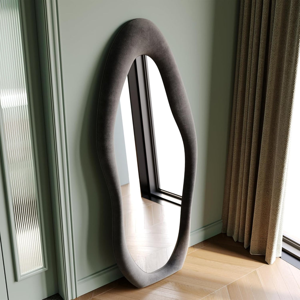 Honyee Full Length Mirror, 63" x 24" Wall Mirror, Flannel Wrapped Wooden Frame Full Body Mirror, Irregular Wavy Mirror Hanging or Leaning Against Wall for Cloakroom/Bedroom/Living Room, Ivory White