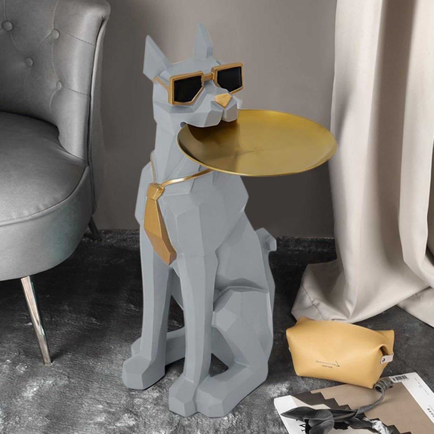 homary Modern Resin Dog Sculpture Geometric Standing Statue Cute End Side Table with Metal Storage Tray Tissue Box (White)