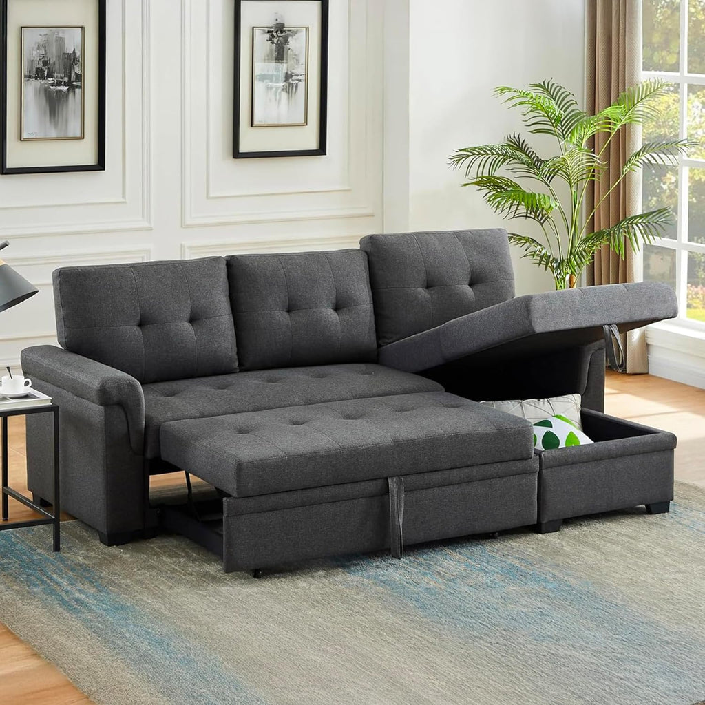 Lilola Home Lucca 84-inch Reversible Sleeper Sectional Sofa with Pull-Out Bed & Storage Chaise, Dark Gray Linen Fabric, Tufted Back, Modern Compact Couch for Living Room, Easy Assembly