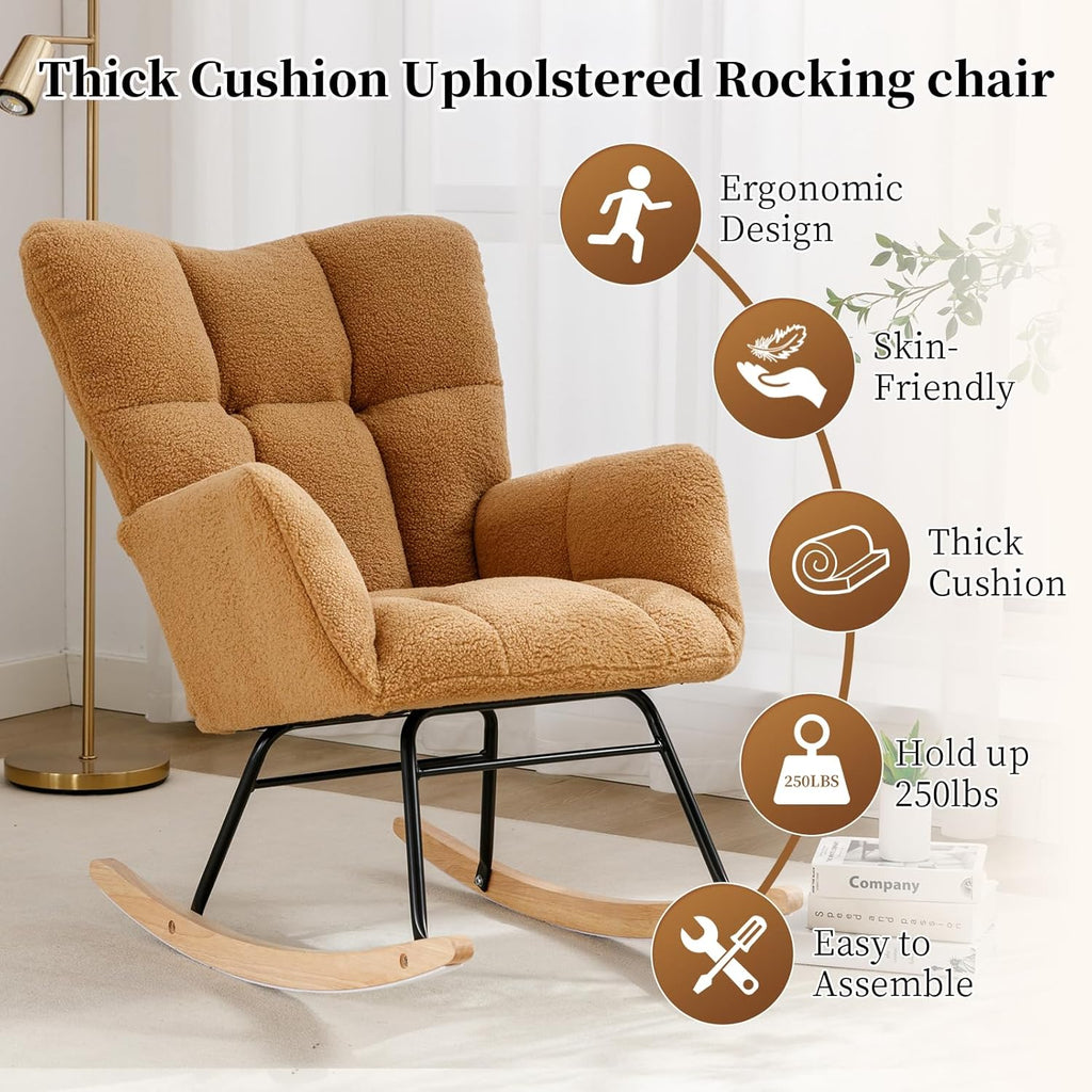 NIOIIKIT Nursery Rocking Chair Teddy Upholstered Glider Rocker Rocking Accent Chair Padded Seat with High Backrest Armchair Comfy Side Chair for Living Room Bedroom Offices (Ivory Teddy)