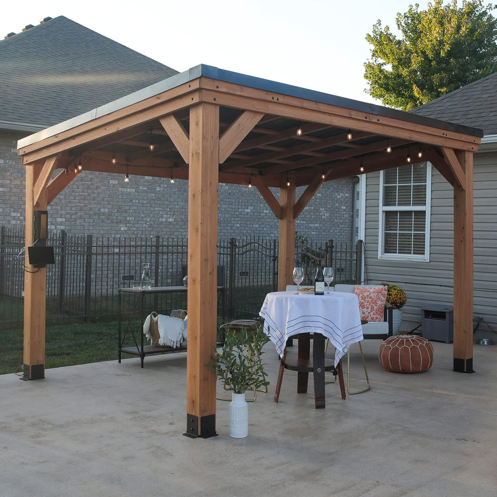 Backyard Discovery Saxony XL 12' x 6' Cedar Wood BBQ Grill Gazebo Pavilion with Hardtop Galvanized Steel Roof, Bar Tops, Powerport, Snow Support, Wind Resistance, Cook Station for Outdoor Patio, Deck