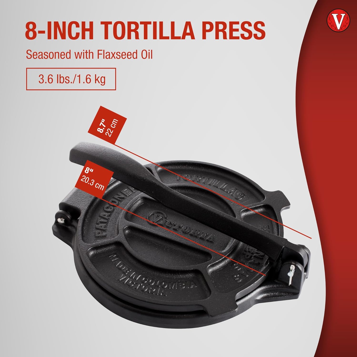 Victoria 10-Inch Commercial-Grade Cast-Iron Tortilla Press, Made from Super-Durable HD Iron, Made in Colombia