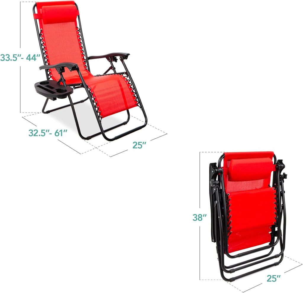 Best Choice Products Set of 2 Adjustable Steel Mesh Zero Gravity Lounge Chair Recliners w/Pillows and Cup Holder Trays - Beige