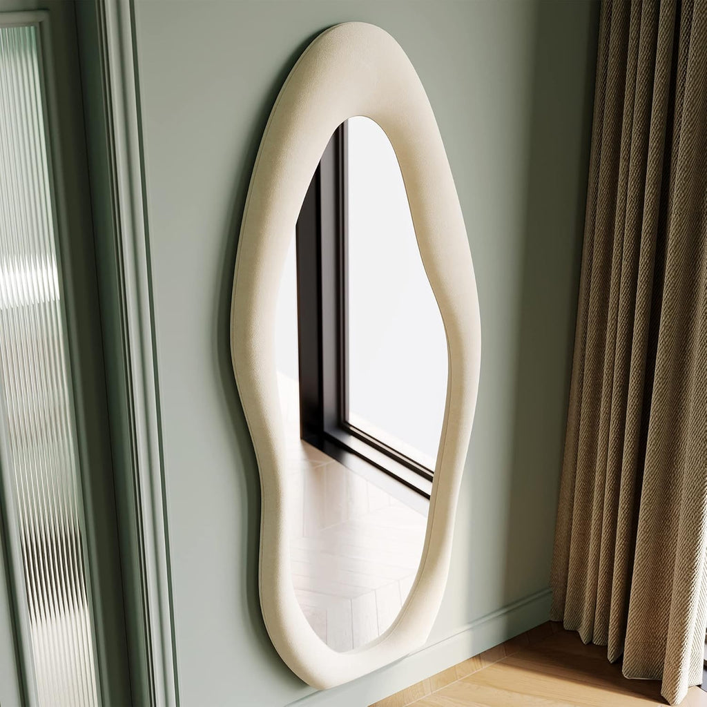 Honyee Full Length Mirror, 63" x 24" Wall Mirror, Flannel Wrapped Wooden Frame Full Body Mirror, Irregular Wavy Mirror Hanging or Leaning Against Wall for Cloakroom/Bedroom/Living Room, Ivory White