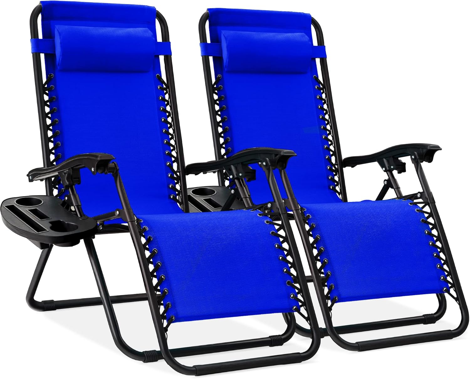 Best Choice Products Set of 2 Adjustable Steel Mesh Zero Gravity Lounge Chair Recliners w/Pillows and Cup Holder Trays - Beige