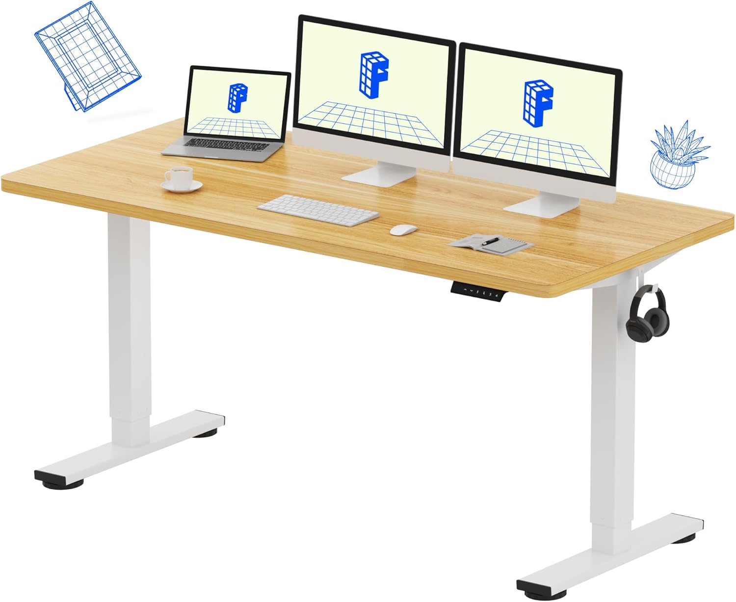 FLEXISPOT EN1 One-Piece Standing Desk 55 x 28 Inch Electric Adjustable Height Desk for Home Office and Computer Workstation (White Frame + 55" Maple Top, 2 Packages)