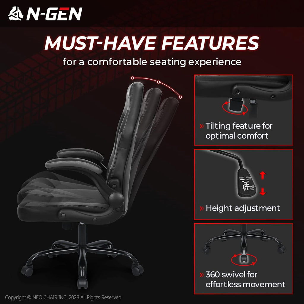 N-GEN Video Gaming Computer Chair Ergonomic Office Chair Desk Chair with Lumbar Support Flip Up Arms Adjustable Height Swivel PU Leather Executive with Wheels for Adults Women Men (Pink)