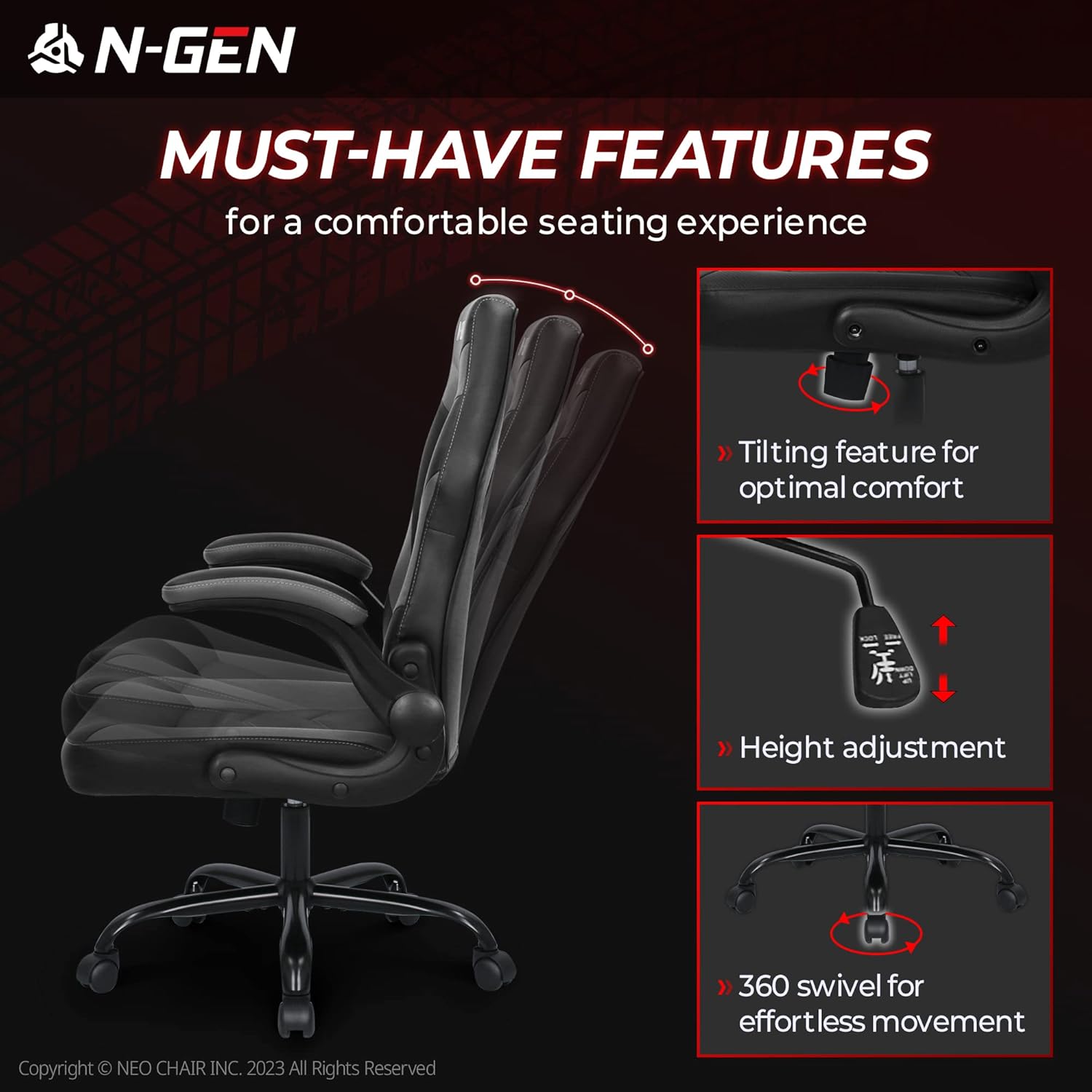 N-GEN Video Gaming Computer Chair Ergonomic Office Chair Desk Chair with Lumbar Support Flip Up Arms Adjustable Height Swivel PU Leather Executive with Wheels for Adults Women Men (Pink)