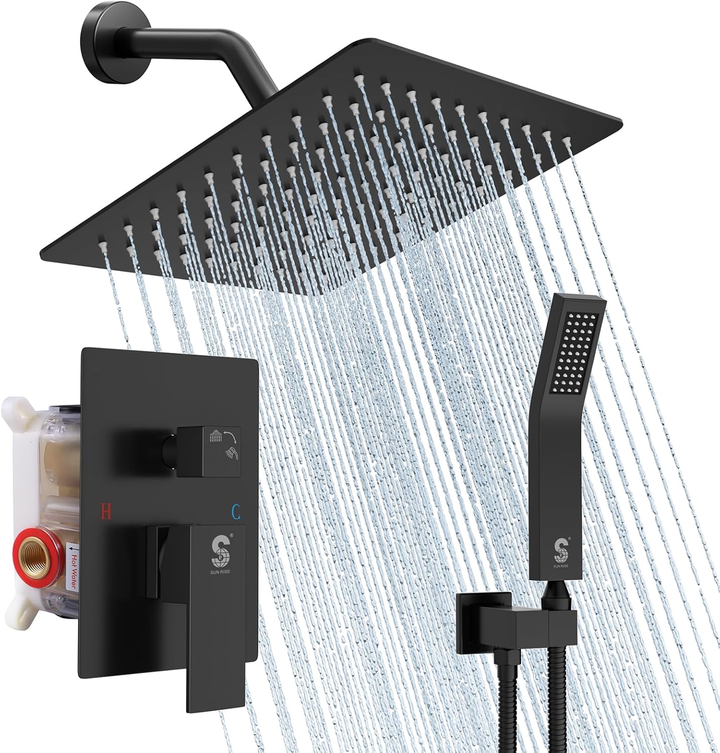 SR SUN RISE 12 Inches Matte Black Shower System 12 Inch Brass Bathroom Luxury Rain Mixer Shower Combo Set Wall Mounted Rainfall Shower Head System Shower Faucet Rough-in Valve Body and Trim Included