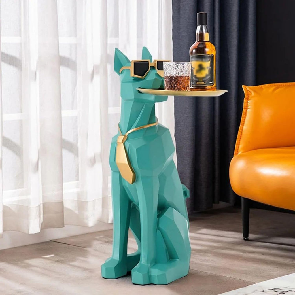 homary Modern Resin Dog Sculpture Geometric Standing Statue Cute End Side Table with Metal Storage Tray Tissue Box (White)