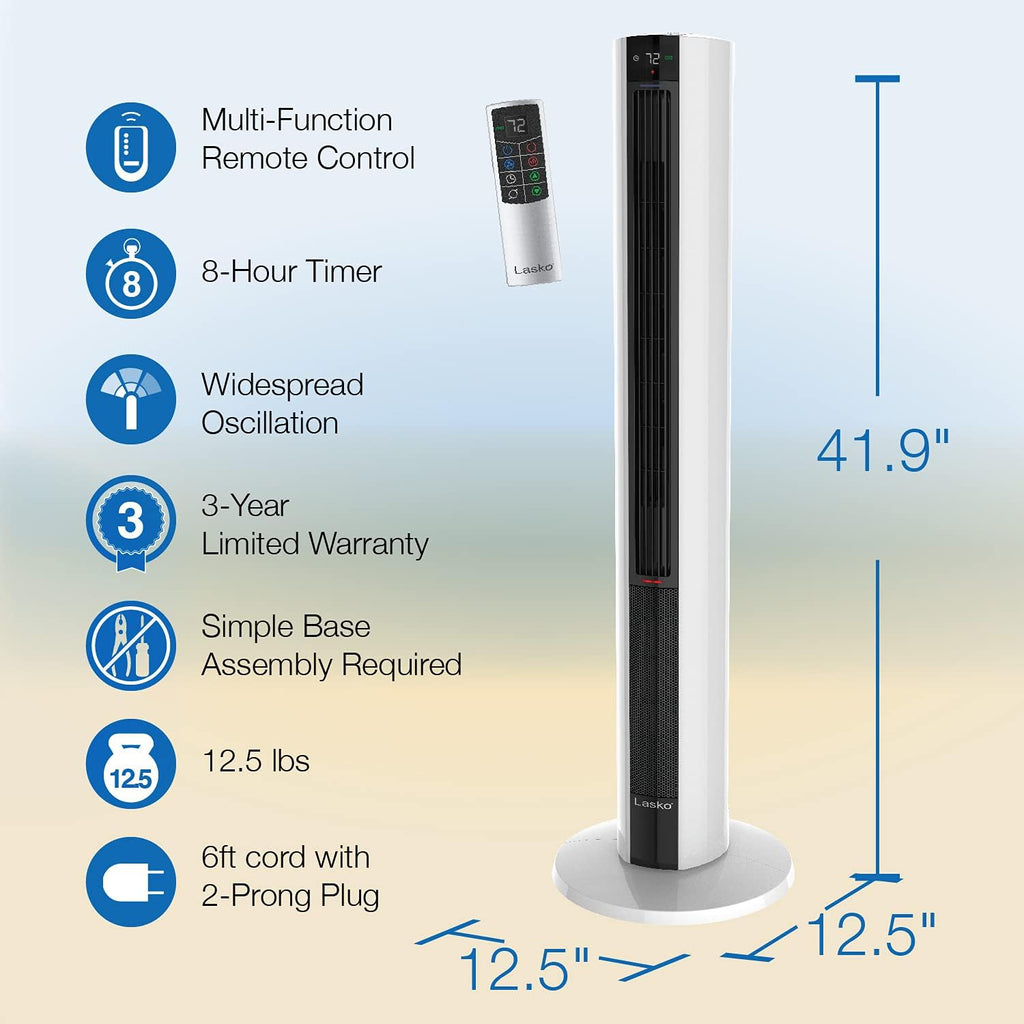 Lasko Oscillating All Season Tower Fan and Space Heater in One for Home with Adjustable Thermostat, Tip-Over Switch, 4 Fan Speeds, 3 Heat Settings and Remote Control, 42 Inches, 1500W, Gray, FH515