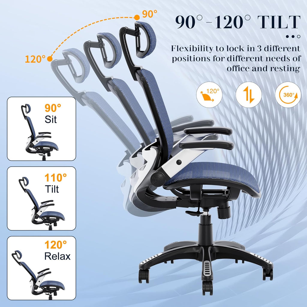 GABRYLLY Ergonomic Office Chair, High Back Home Desk Chair with Headrest, Flip-Up Arms, 90-120° Tilt Lock and Wide Cushion, Big and Tall Mesh Chairs for Man Woman, Grey Task Chair