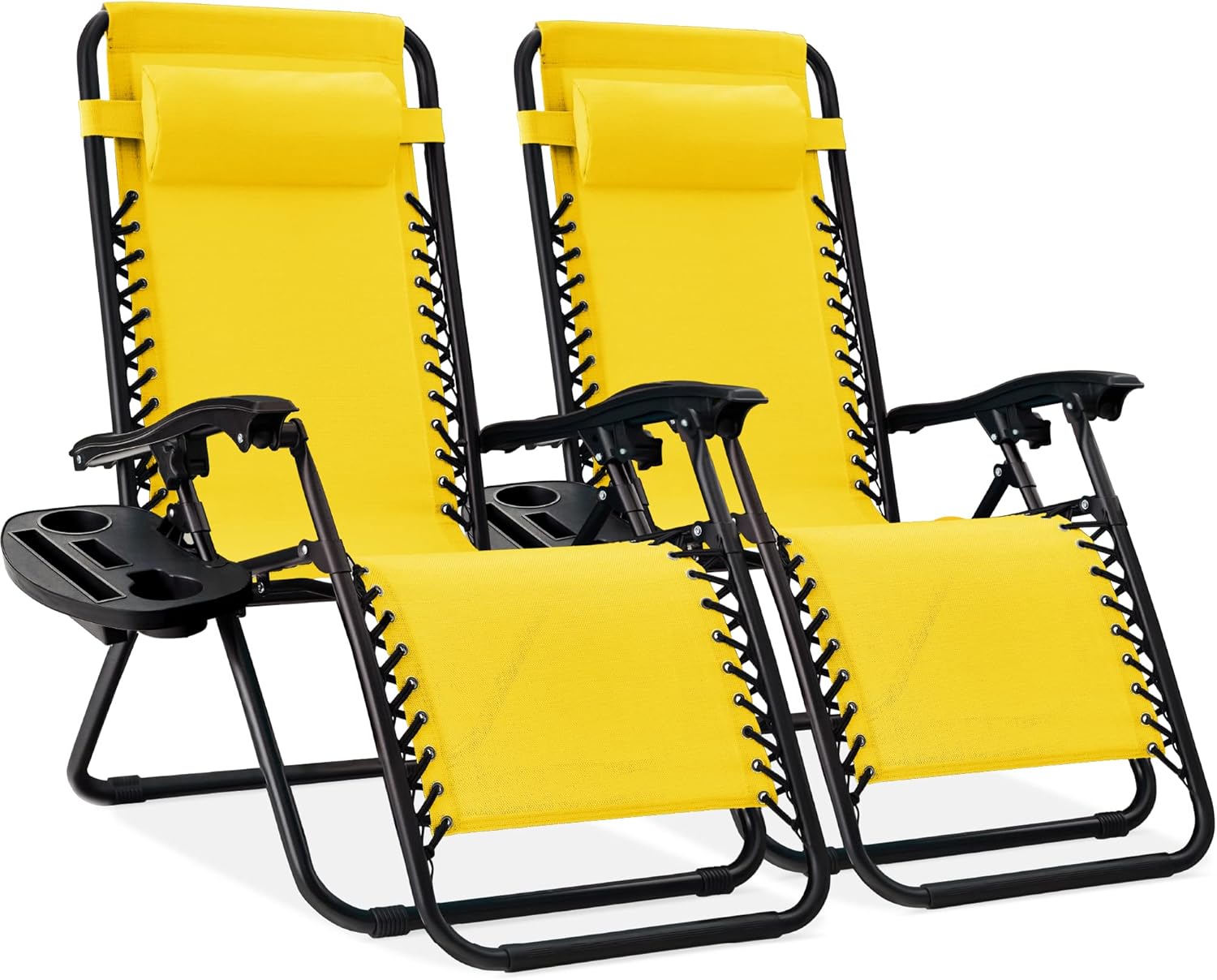 Best Choice Products Set of 2 Adjustable Steel Mesh Zero Gravity Lounge Chair Recliners w/Pillows and Cup Holder Trays - Beige