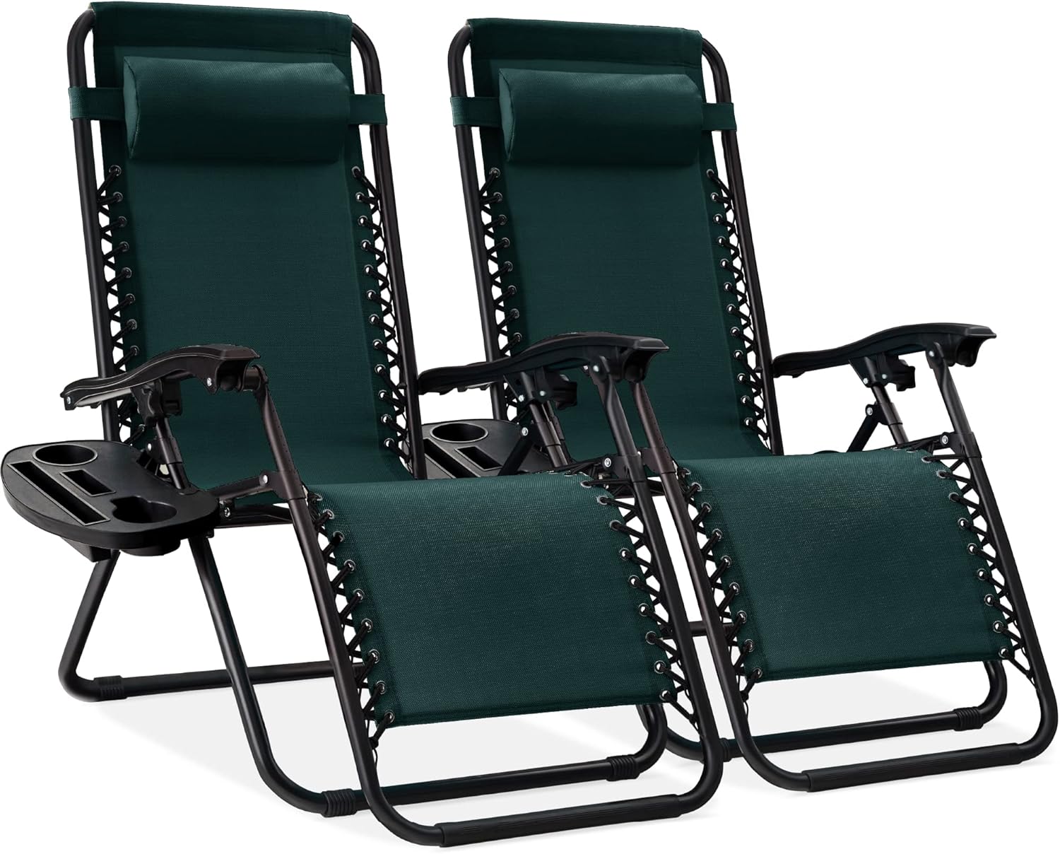 Best Choice Products Set of 2 Adjustable Steel Mesh Zero Gravity Lounge Chair Recliners w/Pillows and Cup Holder Trays - Beige