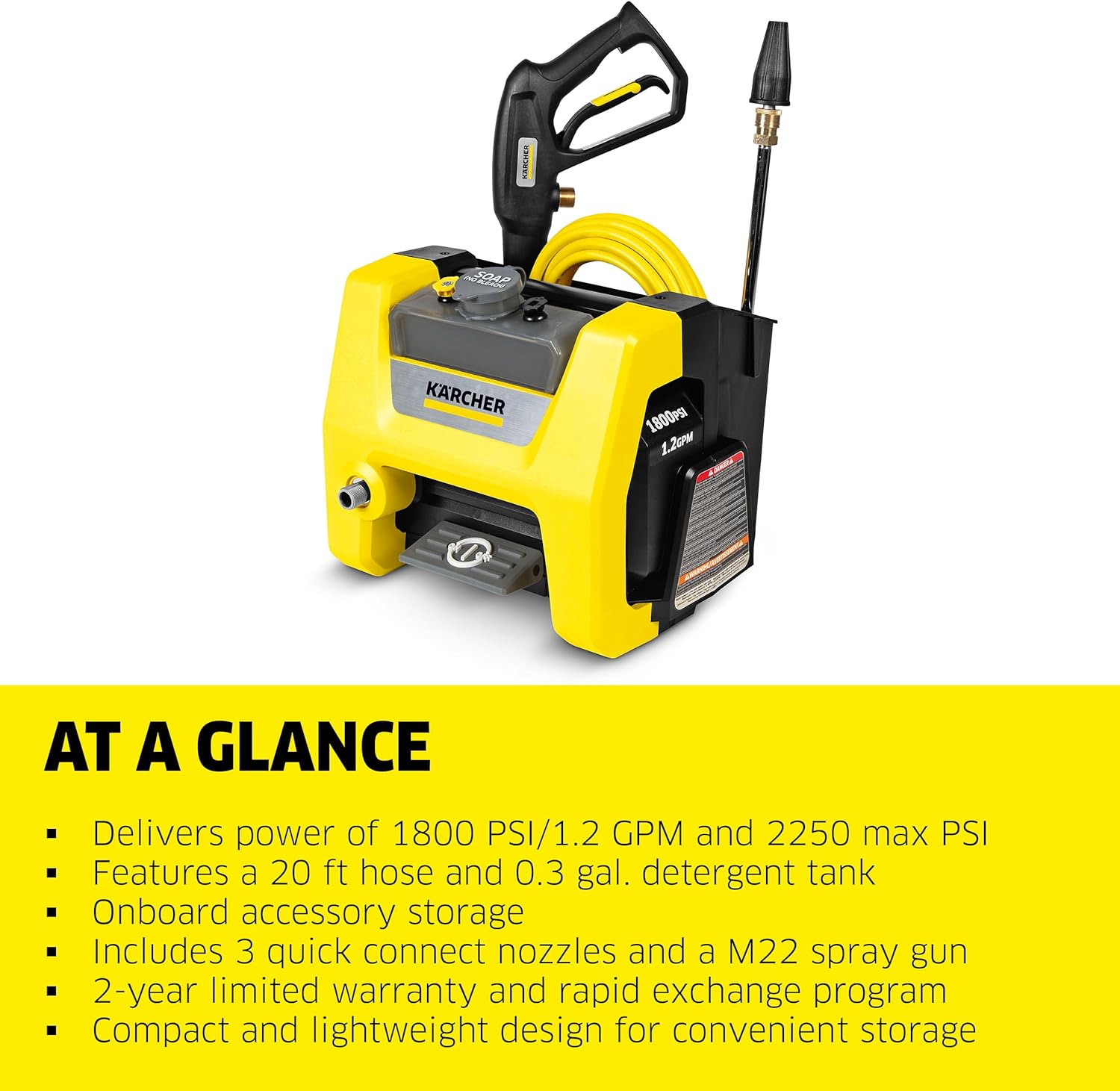 Electric Karcher Pressure Washer K1700, Max 2125 PSI, 3 Spray Nozzles, Detergent Tank, For Cars, Driveways, Siding, Patios, 1.46 max. GPM