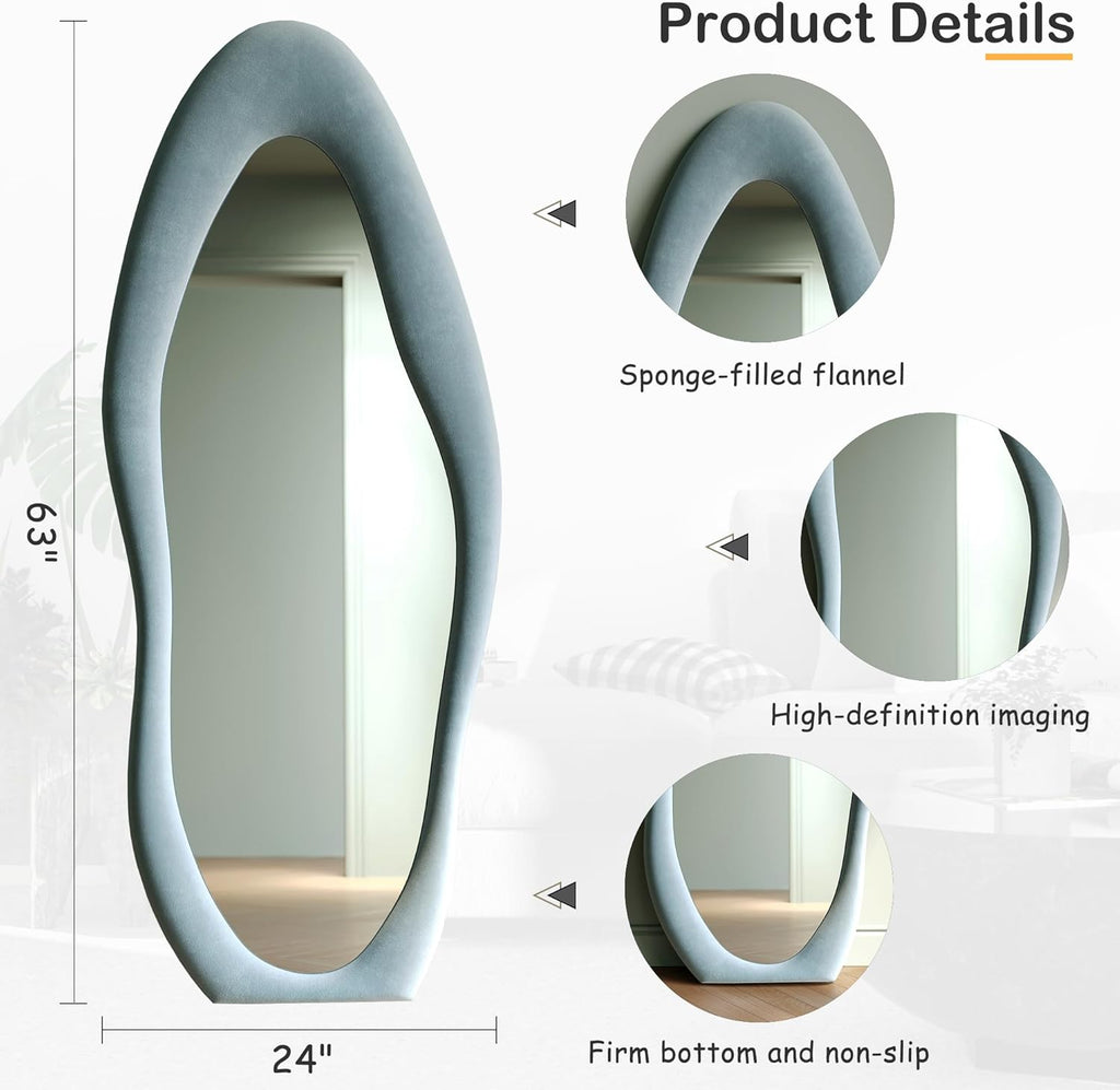 Honyee Full Length Mirror, 63" x 24" Wall Mirror, Flannel Wrapped Wooden Frame Full Body Mirror, Irregular Wavy Mirror Hanging or Leaning Against Wall for Cloakroom/Bedroom/Living Room, Ivory White
