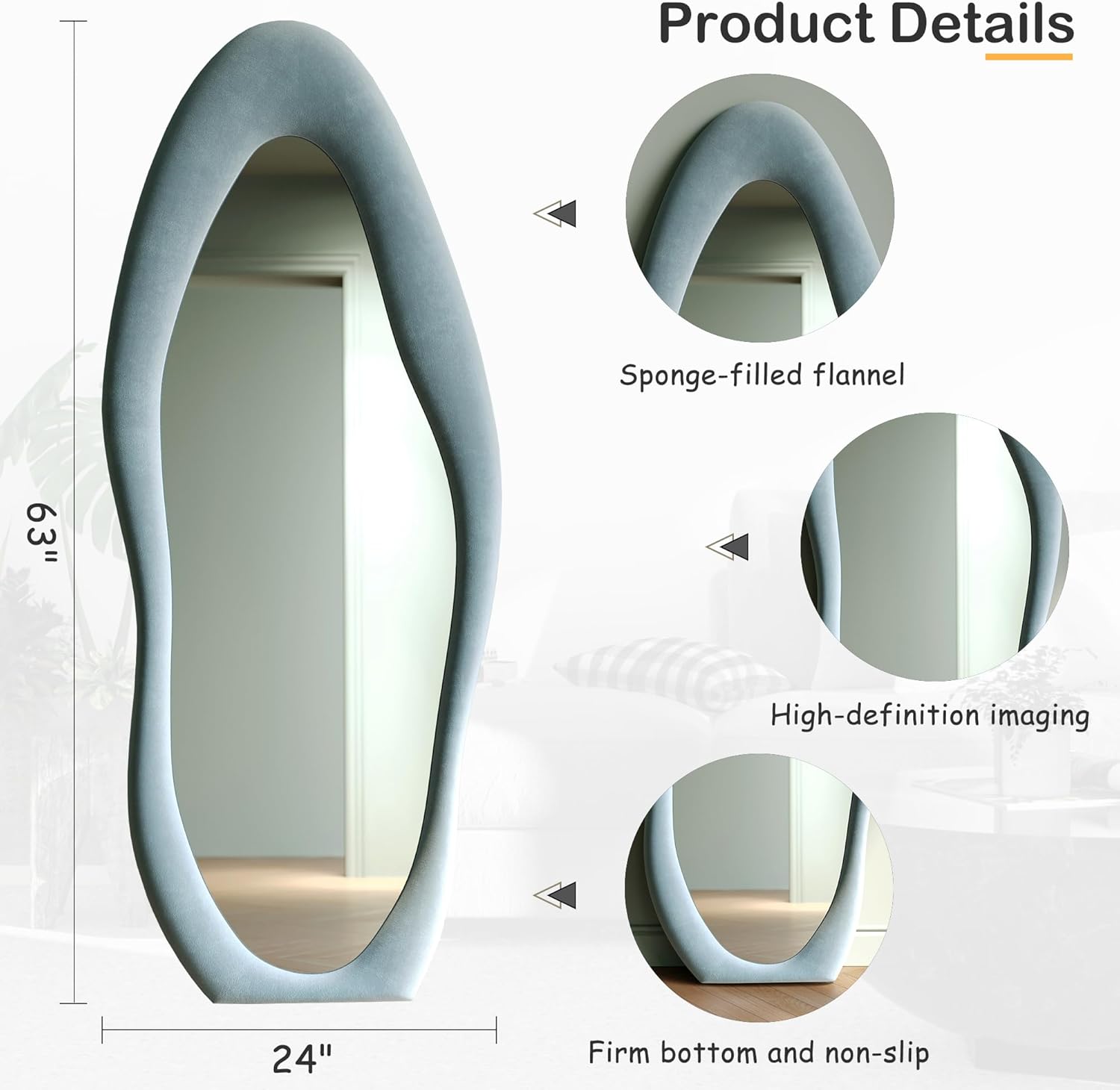 Honyee Full Length Mirror, 63" x 24" Wall Mirror, Flannel Wrapped Wooden Frame Full Body Mirror, Irregular Wavy Mirror Hanging or Leaning Against Wall for Cloakroom/Bedroom/Living Room, Ivory White