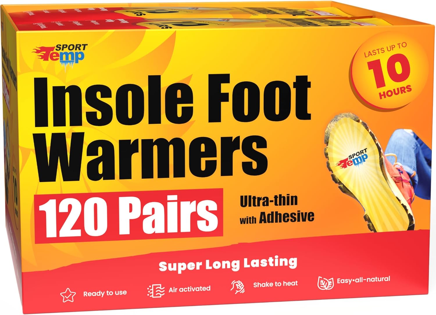Insole Foot Warmers - Up to 10 Hours of Heat, Easily Apply with Adhesive - Ultra Thin, Easy, All Natural - Air Activated, Odorless Hot Insole Warmers - Sport Temp