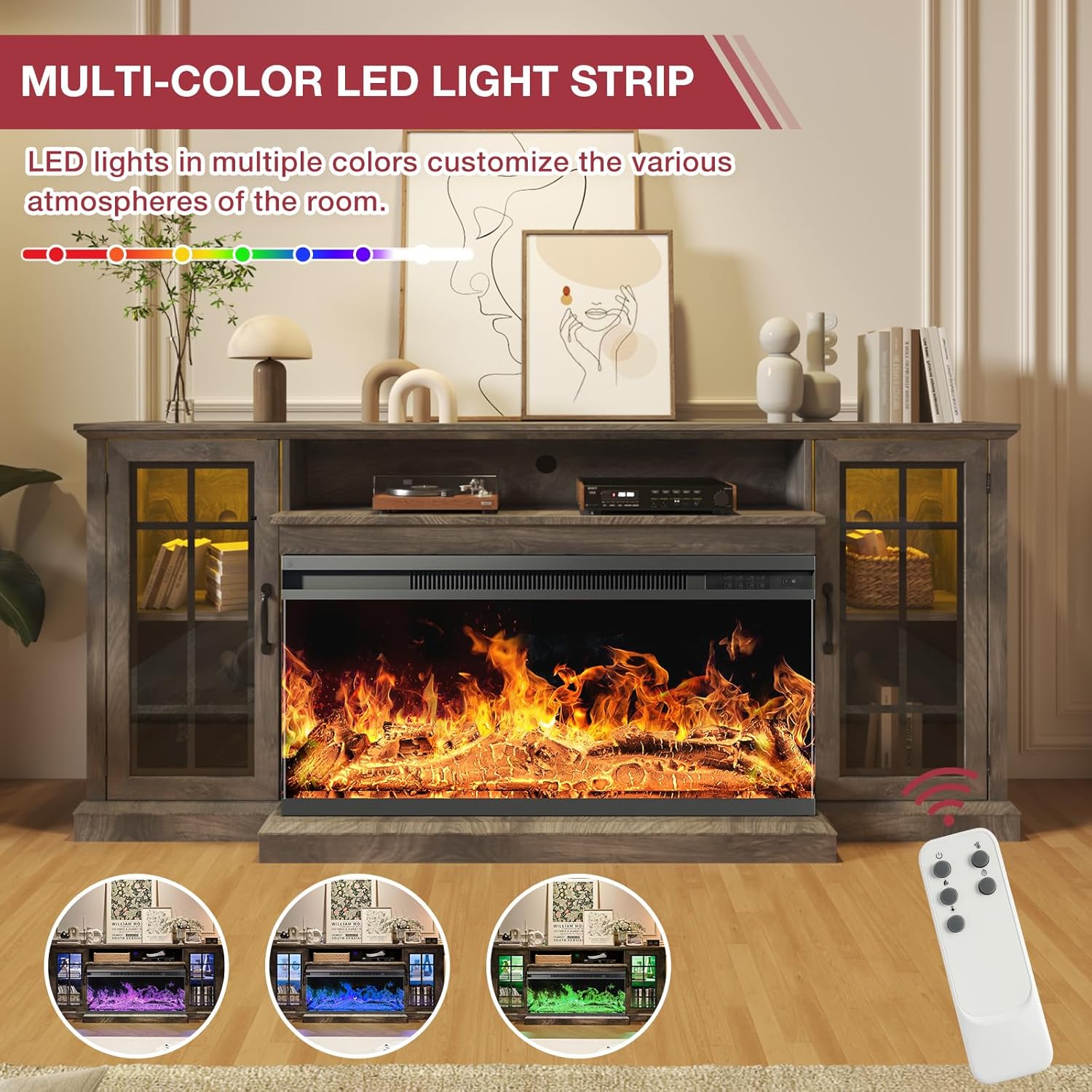 oneinmil 59'' Fireplace TV Stand, 3 Sided Glass Media Entertainment Center Console Table for TVs up to 65'' with Glass Door Adjustable Flame LED Color for Living Room, Set of TV Table, White