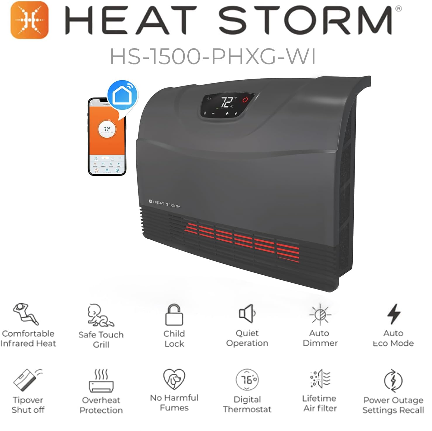 Heat Storm Phoenix HS-1500-PHX, Infrared Space Heater with Attachable Feet, Remote Control, Energy Efficient-750-1500 Watts, Gray Floor or Wall