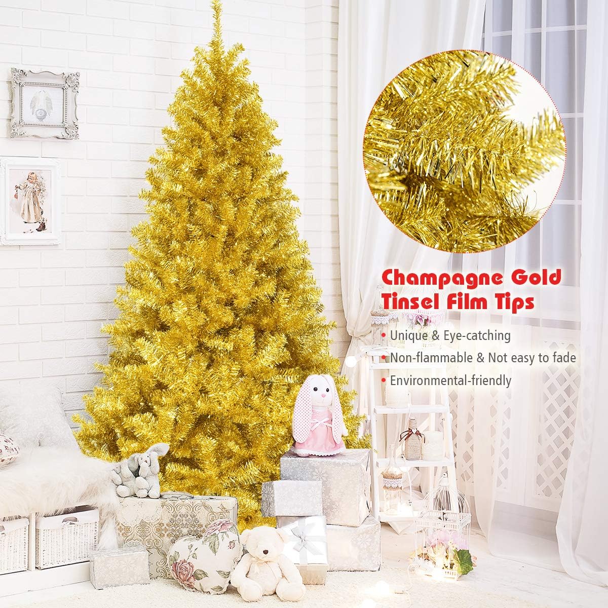 Goplus 7ft Artificial White Christmas Tree Xmas Pine Tree with Solid Metal Legs Perfect for Indoor and Outdoor Holiday Decoration