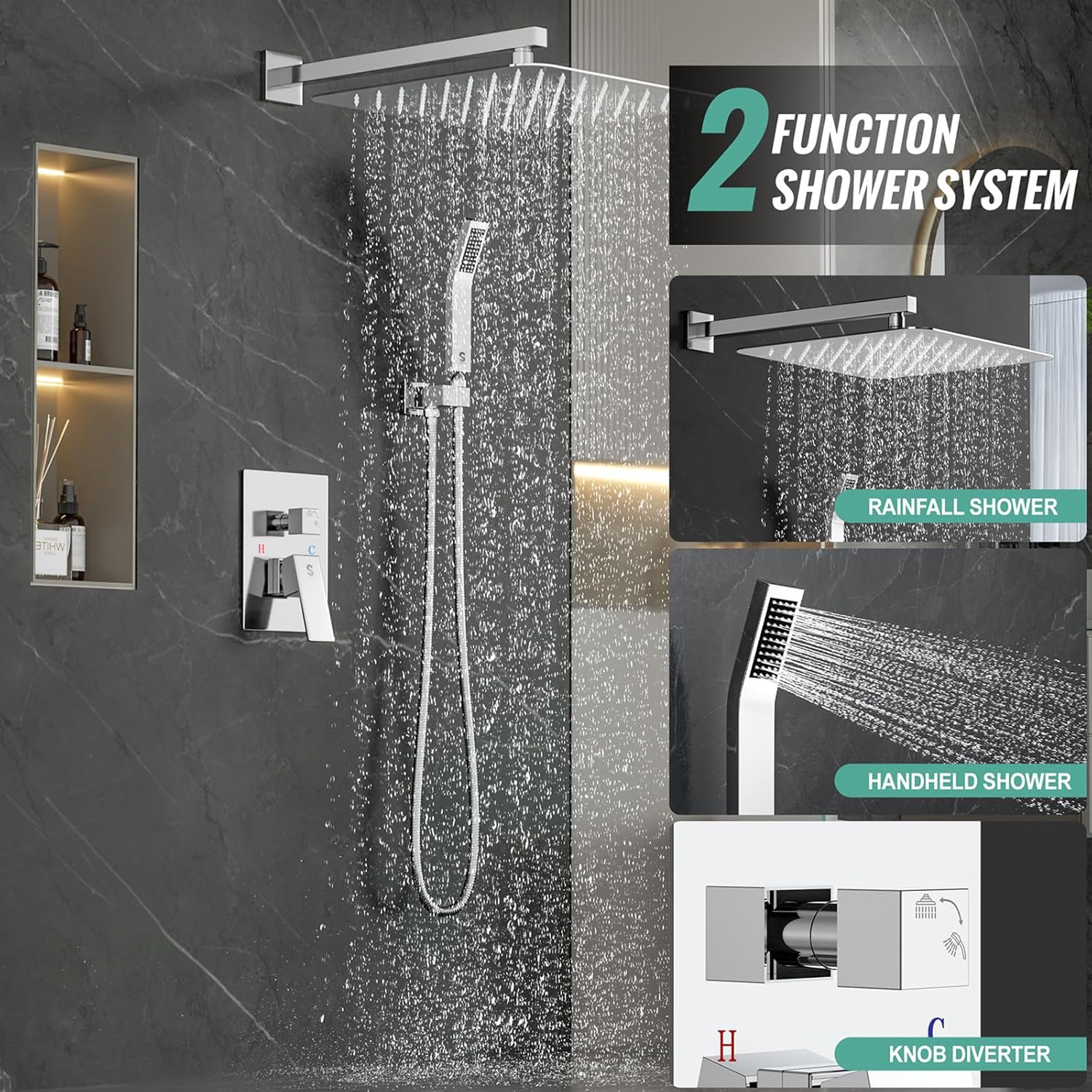 SR SUN RISE 12 Inches Matte Black Shower System 12 Inch Brass Bathroom Luxury Rain Mixer Shower Combo Set Wall Mounted Rainfall Shower Head System Shower Faucet Rough-in Valve Body and Trim Included