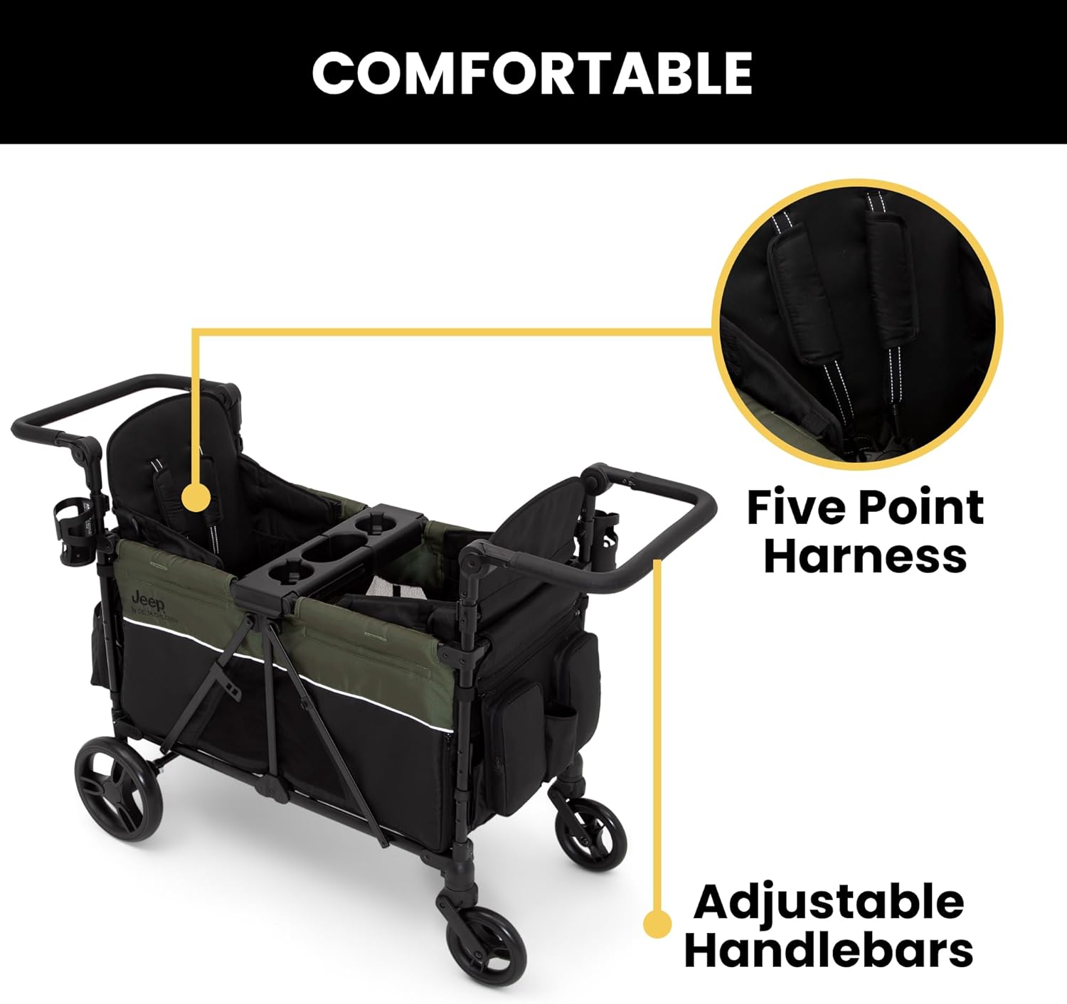 Delta Children - Jeep Wrangler Deluxe 4 Seater Stroller Wagon - Premium Quad Stroller Wagon for 4 Kids with Convertible Seats, Adjustable Push/Pull Handles, Removable Canopy & Flat Fold, Black/Green