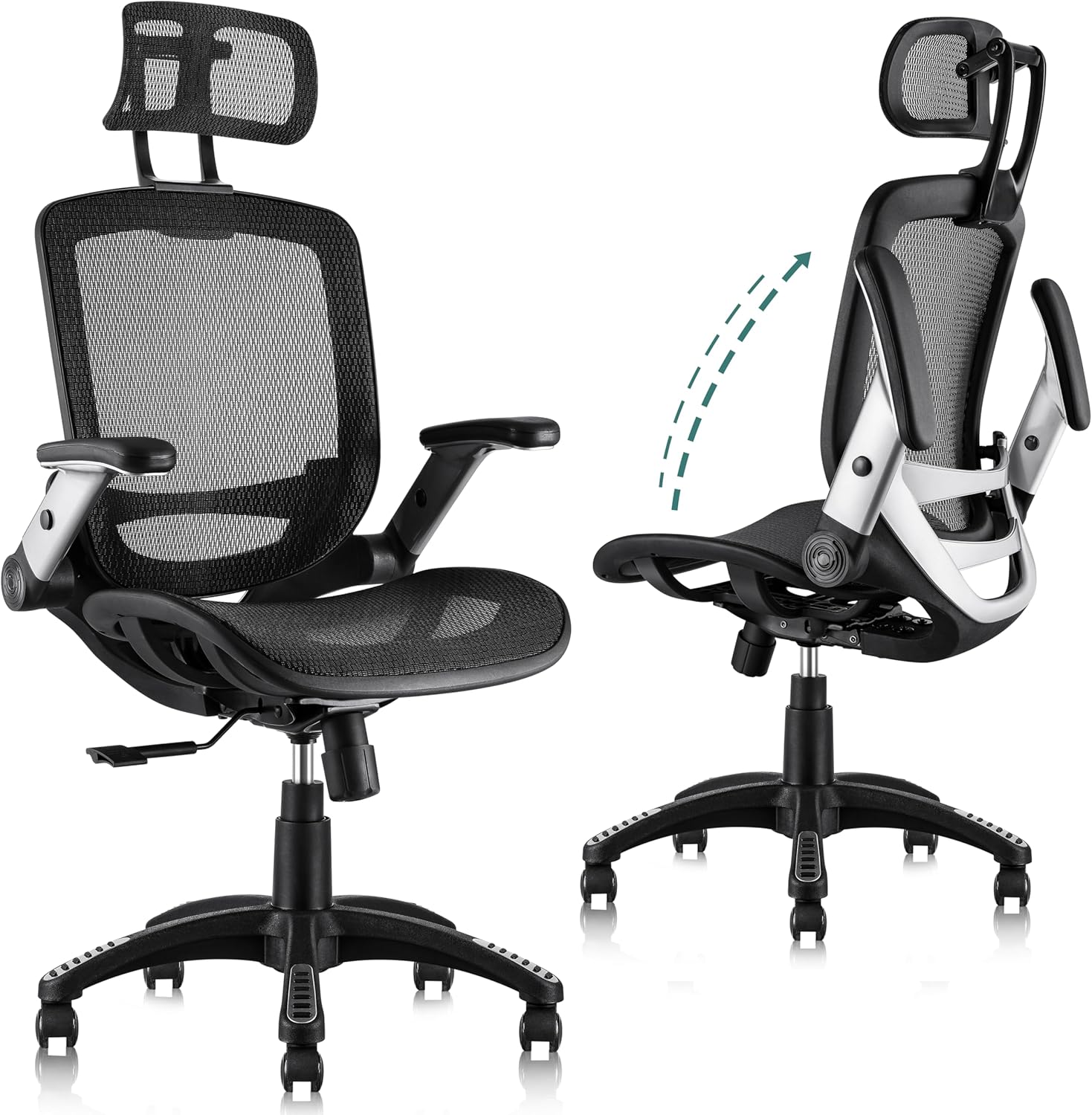 GABRYLLY Ergonomic Office Chair, High Back Home Desk Chair with Headrest, Flip-Up Arms, 90-120° Tilt Lock and Wide Cushion, Big and Tall Mesh Chairs for Man Woman, Grey Task Chair
