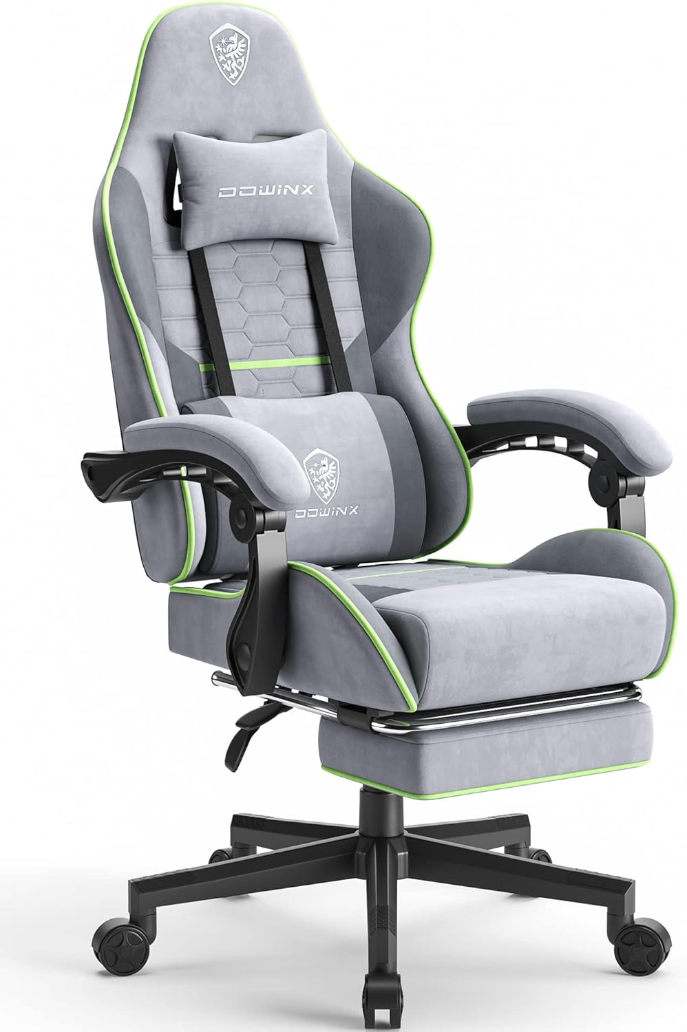 Dowinx Gaming Chair Fabric with Pocket Spring Cushion, Massage Game Chair Cloth with Headrest, Ergonomic Computer Chair with Footrest 290LBS, Blue and Grey