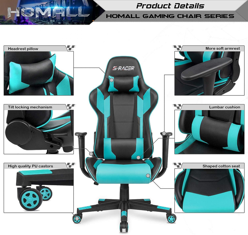 Homall Gaming Chair, Office Chair High Back Computer Chair Leather Desk Chair Racing Executive Ergonomic Adjustable Swivel Task Chair with Headrest and Lumbar Support (Dark Black)