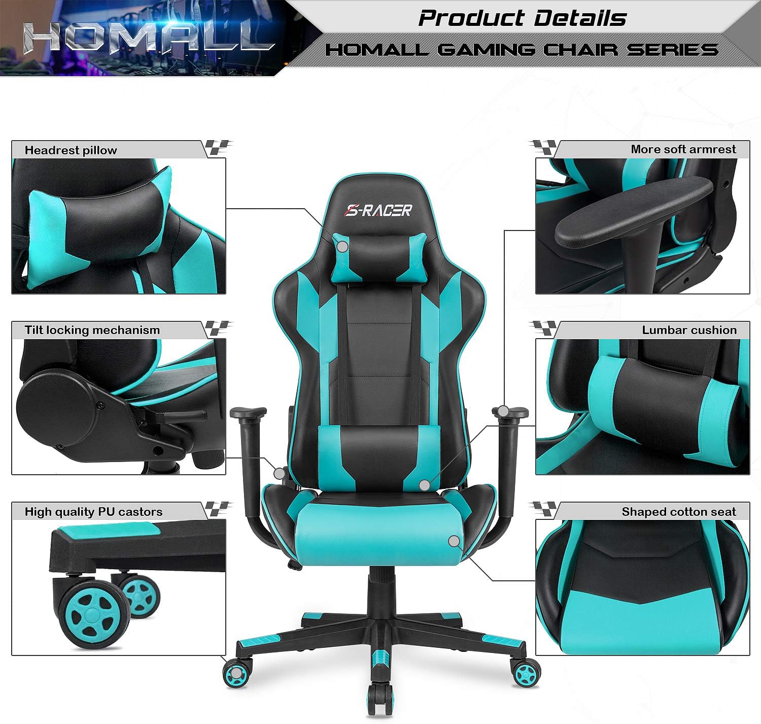 Homall Gaming Chair, Office Chair High Back Computer Chair Leather Desk Chair Racing Executive Ergonomic Adjustable Swivel Task Chair with Headrest and Lumbar Support (Dark Black)