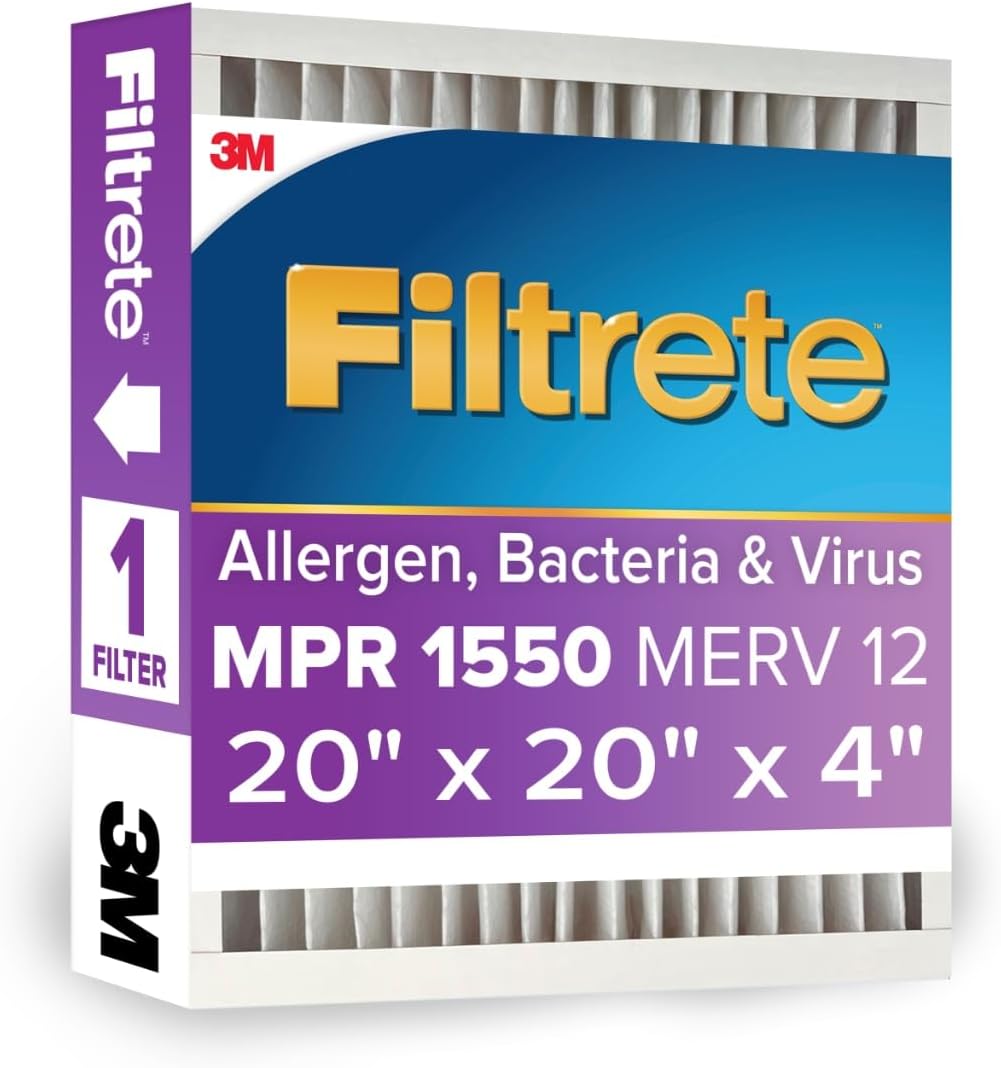 Filtrete 20x25x4 AC Furnace Air Filter, MPR 1550, MERV 12, Fits Lennox & Honeywell, Allergen, Bacteria & Virus, , Electrostatic Air Cleaning Filter, 4-Pack (actual size 19.88 x 24.63 x 4.31)
