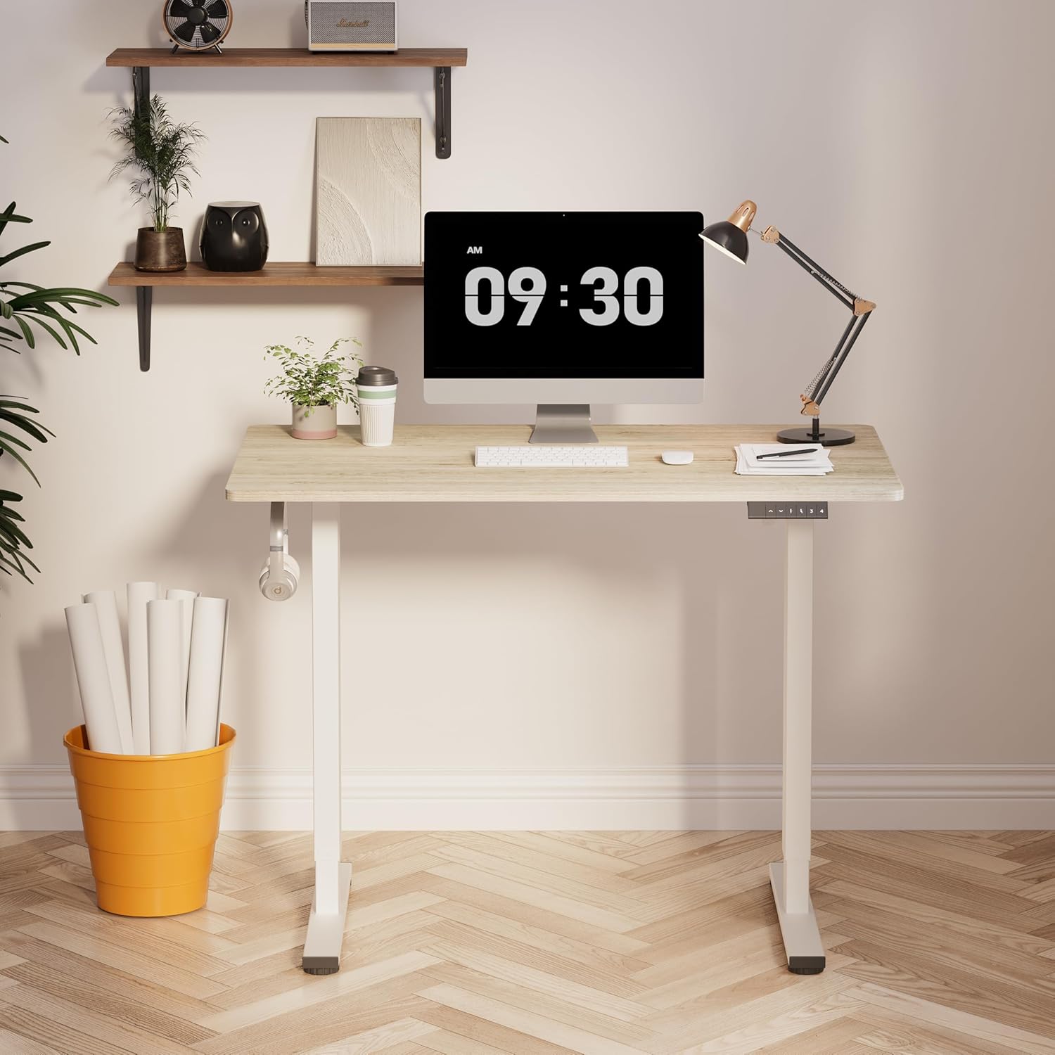 FLEXISPOT EN1 One-Piece Standing Desk 55 x 28 Inch Electric Adjustable Height Desk for Home Office and Computer Workstation (White Frame + 55" Maple Top, 2 Packages)