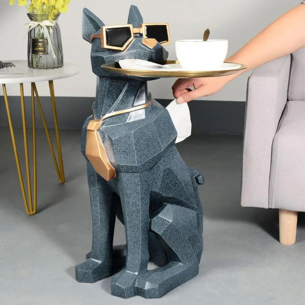 homary Modern Resin Dog Sculpture Geometric Standing Statue Cute End Side Table with Metal Storage Tray Tissue Box (White)