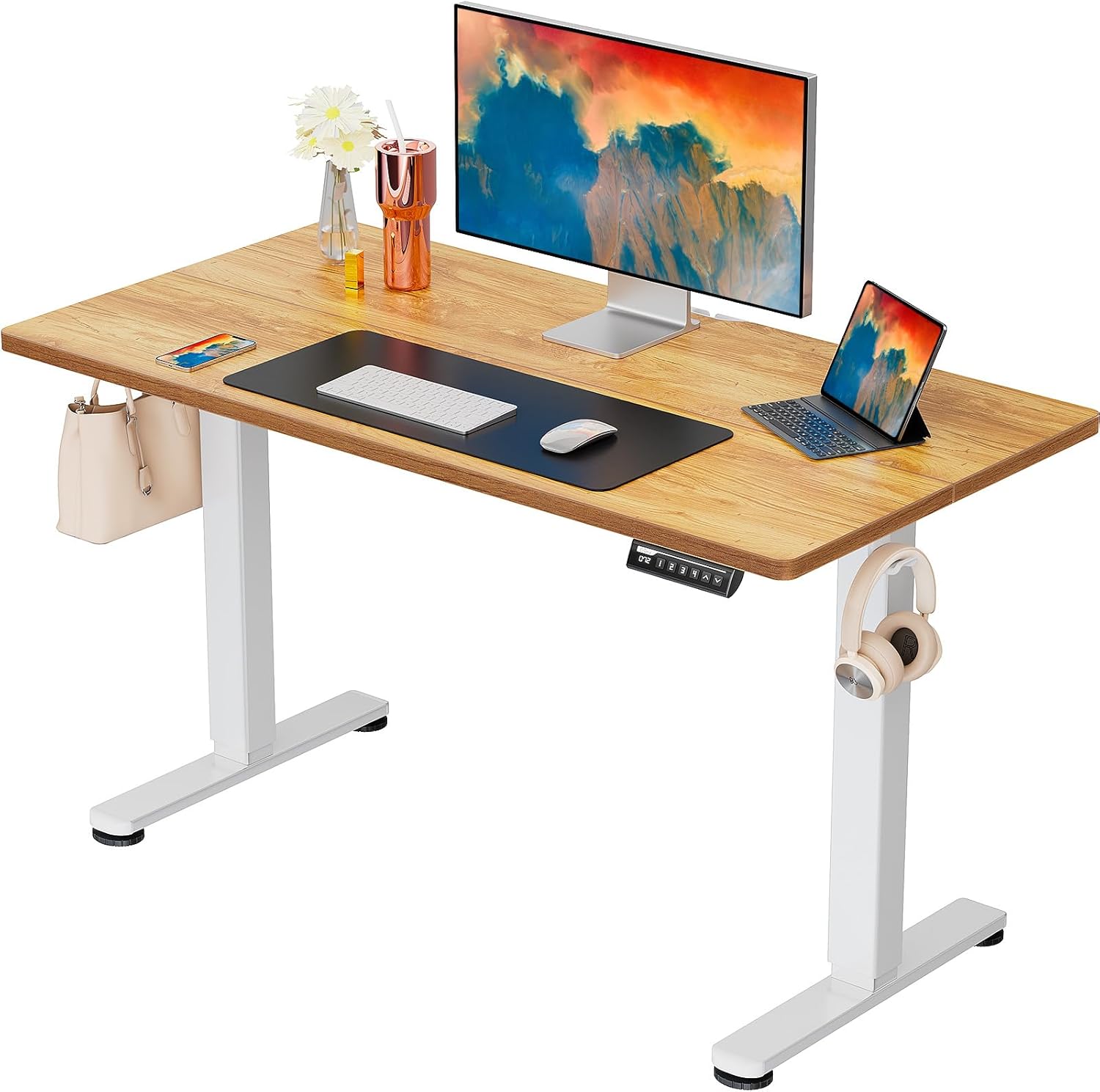 ErGear Height Adjustable Electric Standing Desk, 40 x 24 Inches Sit Stand up Desk, Memory Computer Home Office Desk (Light Vintage Brown)