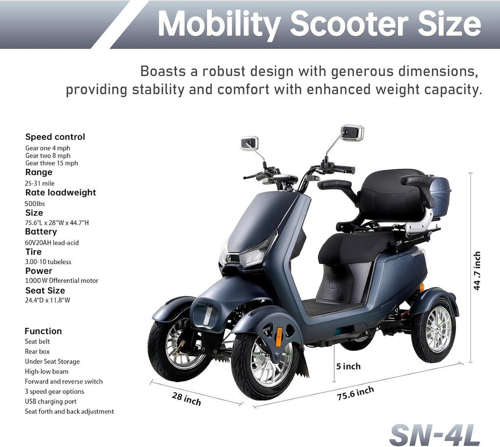 1000W 15 MPH Heavy Duty 4 Wheel Mobility Scooter 500lbs Loadweight, 3 Speed Control Mobility Scooters with 31 Mile Long Range Battery for Seniors & Adults Travel, 20° Max Climbing, Remote Key, Silver