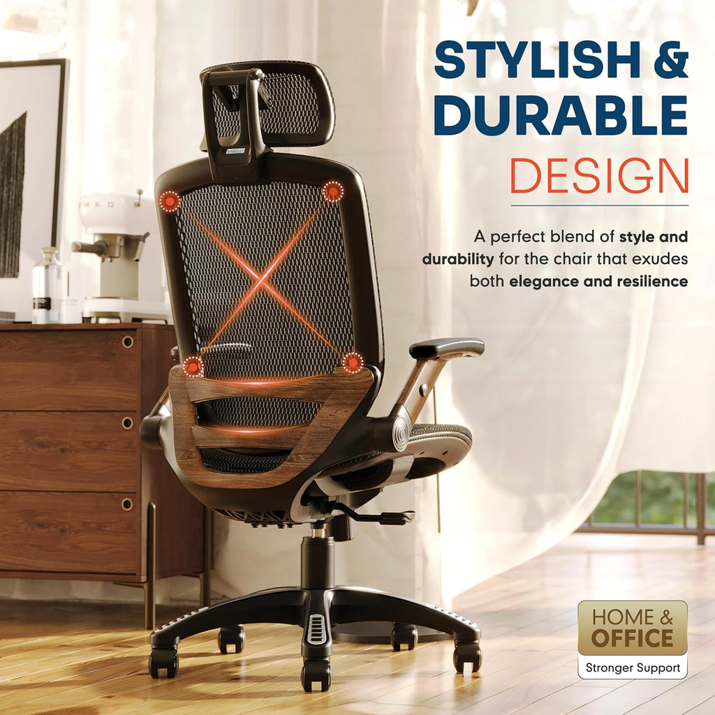 GABRYLLY Ergonomic Office Chair, High Back Home Desk Chair with Headrest, Flip-Up Arms, 90-120° Tilt Lock and Wide Cushion, Big and Tall Mesh Chairs for Man Woman, Grey Task Chair