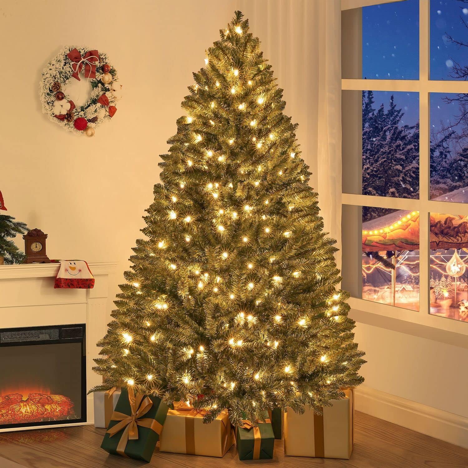 Naomi Home 6.5ft Rustic Christmas Tree with Lights, Realistic Classic Prelit with 2595 Branch Tips, 600 Warm Lights and Metal Stand, Aritificial Tree
