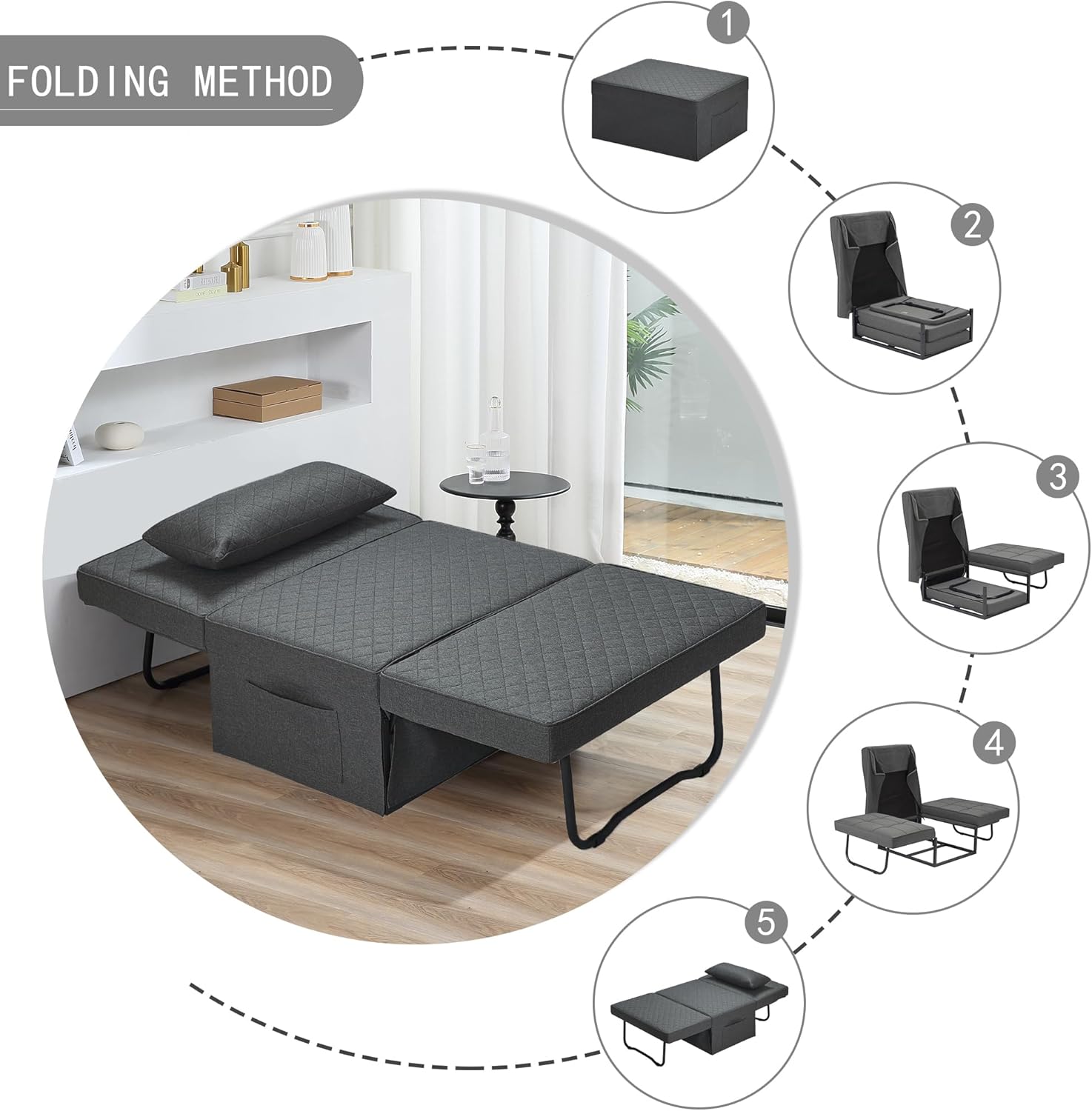 Sofa Bed, 4 in 1 Multi-Function Folding Ottoman Breathable Linen Couch Bed with Adjustable Backrest Modern Convertible Chair for Living Room Apartment Office