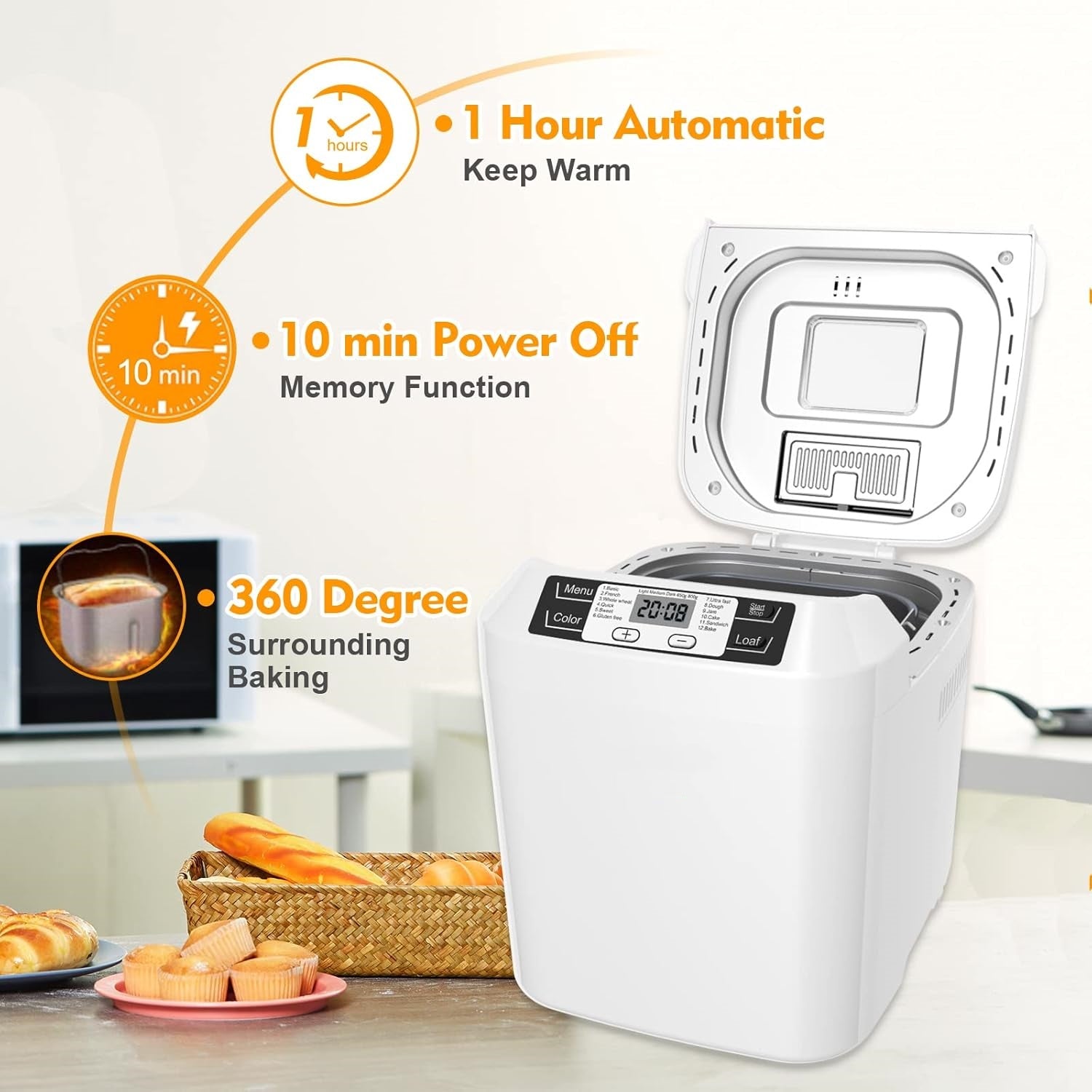 Bread Machine,with 12 Presets,Gluten-Free Setting,Auto Fruit Nut Dispenser & Nonstick Pan,2 Loaf Sizes,13H Reserve & 1H Keep Warm (White)