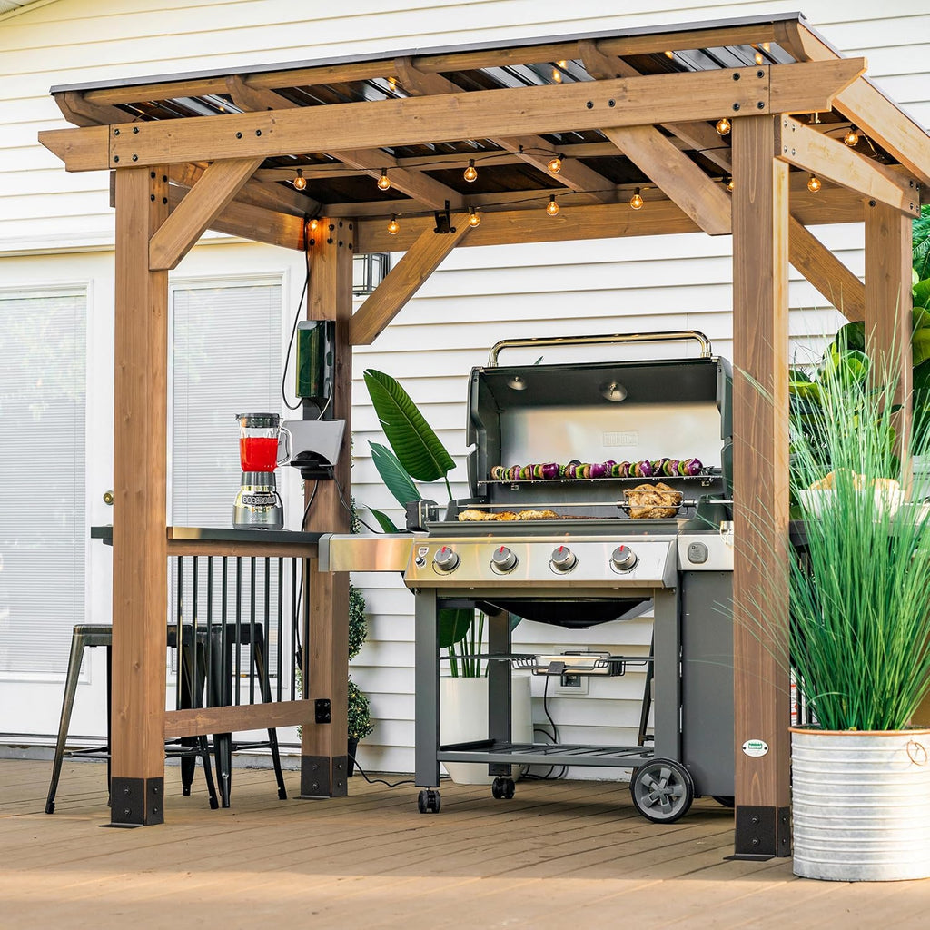 Backyard Discovery Saxony XL 12' x 6' Cedar Wood BBQ Grill Gazebo Pavilion with Hardtop Galvanized Steel Roof, Bar Tops, Powerport, Snow Support, Wind Resistance, Cook Station for Outdoor Patio, Deck