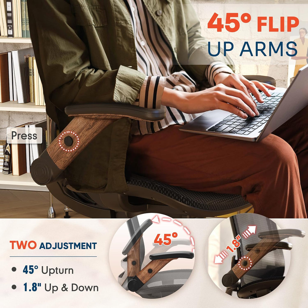 GABRYLLY Ergonomic Office Chair, High Back Home Desk Chair with Headrest, Flip-Up Arms, 90-120° Tilt Lock and Wide Cushion, Big and Tall Mesh Chairs for Man Woman, Grey Task Chair