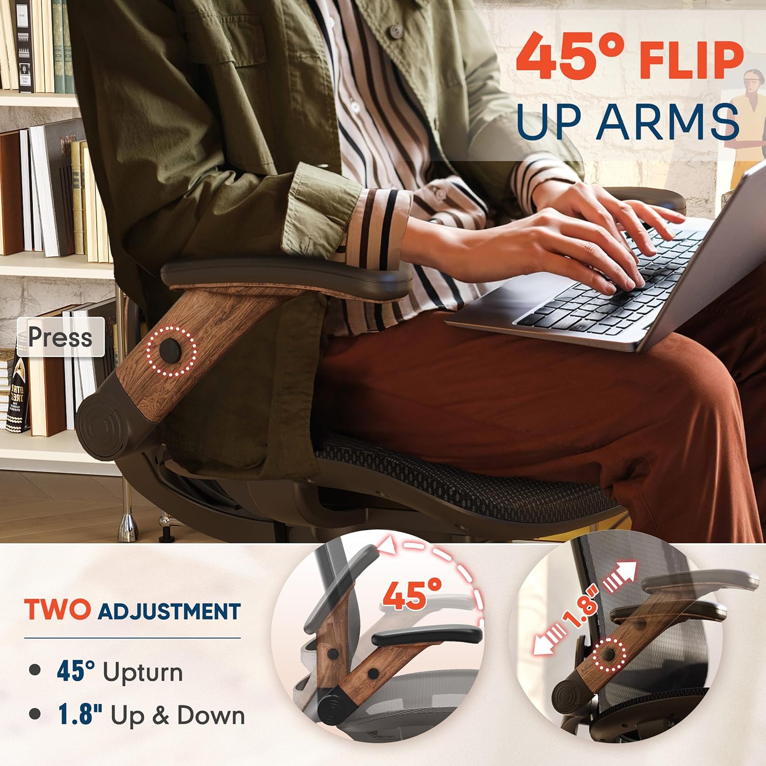 GABRYLLY Ergonomic Office Chair, High Back Home Desk Chair with Headrest, Flip-Up Arms, 90-120° Tilt Lock and Wide Cushion, Big and Tall Mesh Chairs for Man Woman, Grey Task Chair