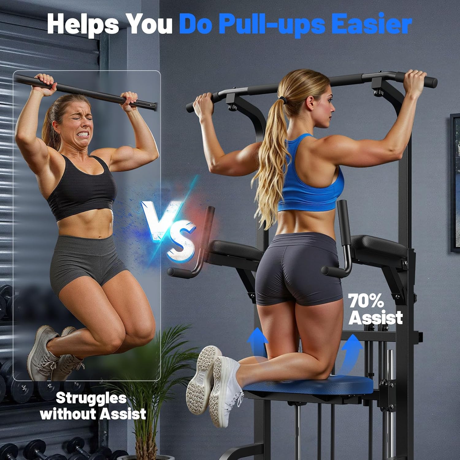 Sportsroyals Pull Up Bar Dip Station Power Tower Assistive Trainer Multi-Function Home Gym Strength Training Fitness Equipment 450LBS