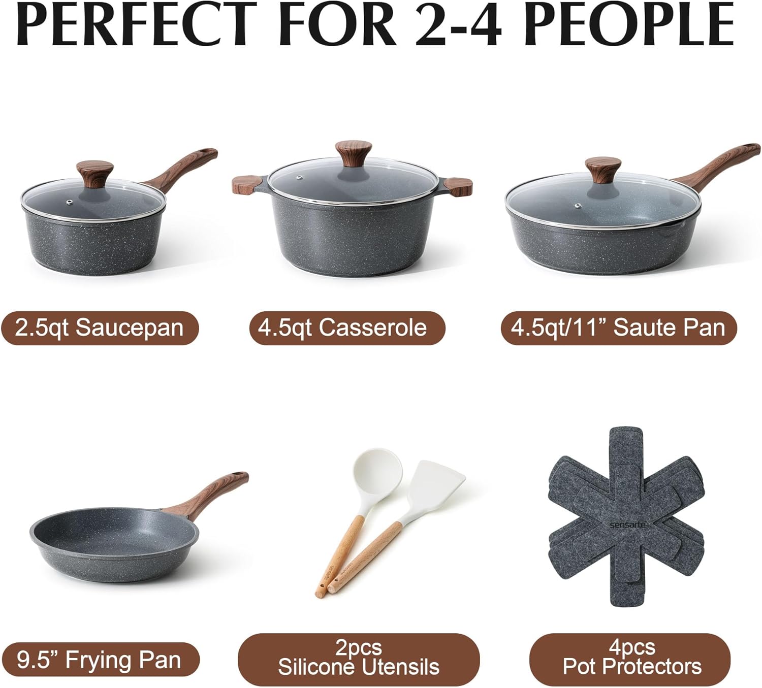 SENSARTE Nonstick Cookware Set 13-Piece, Healthy Pots and Pans Set Non-toxic Kitchen Cooking Set with Granite Coating, Stay-Cool Handles, Silicone Utensils and Pot Protectors, PFOA Free